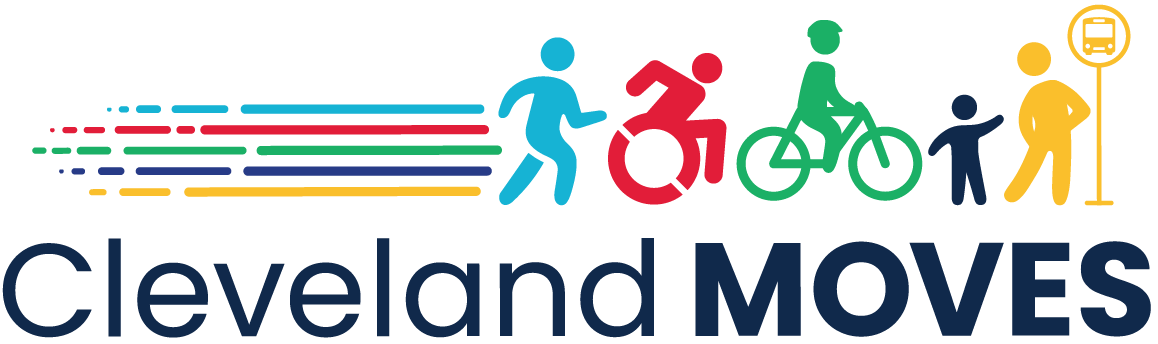 The Cleveland Moves logo, which shows icons of a person running, using a wheelchair, riding a bike, and waiting for the bus in various colors.