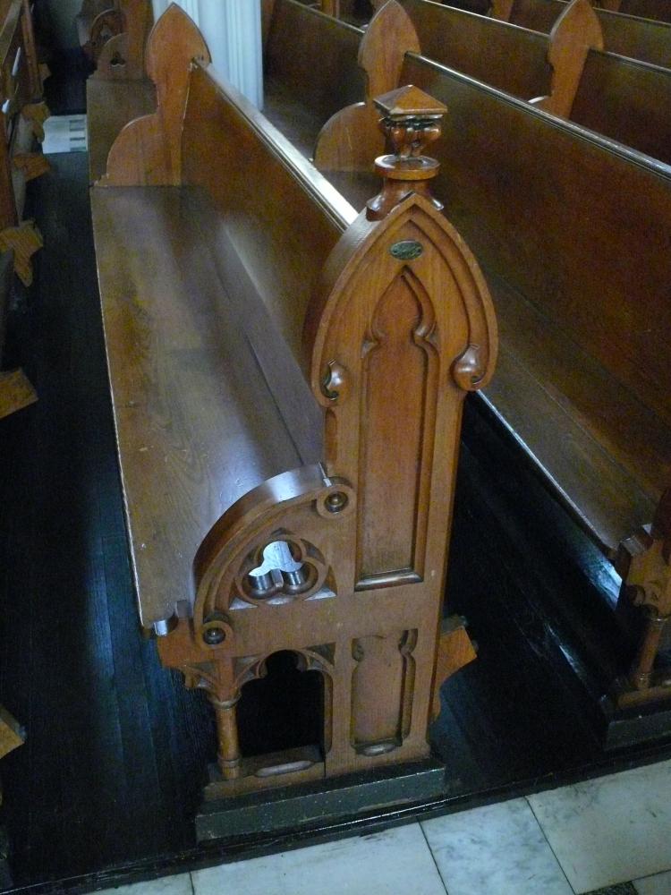 Pew detail; Photo - Dan Musson, Landmarks Commission