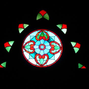 Stained glass window over entrance, Artist - Tim Barrett; Photo - Dan Musson, Landmarks Commission